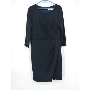 Eliza J Black Faux Wrap Sheath Dress 3/4 Sleeve Pleated Surplice Size 14